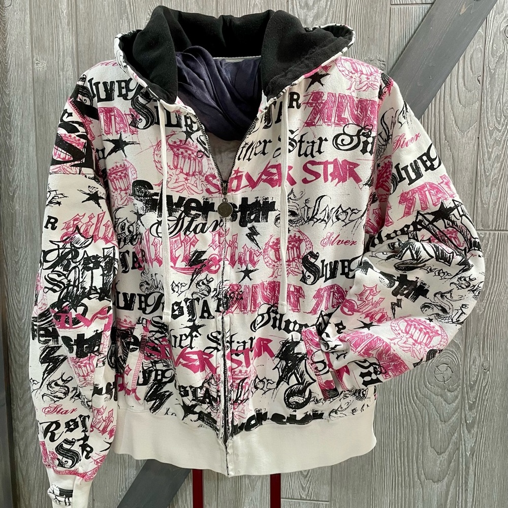 Pink and Black Graphic Zip-Up Hoodie